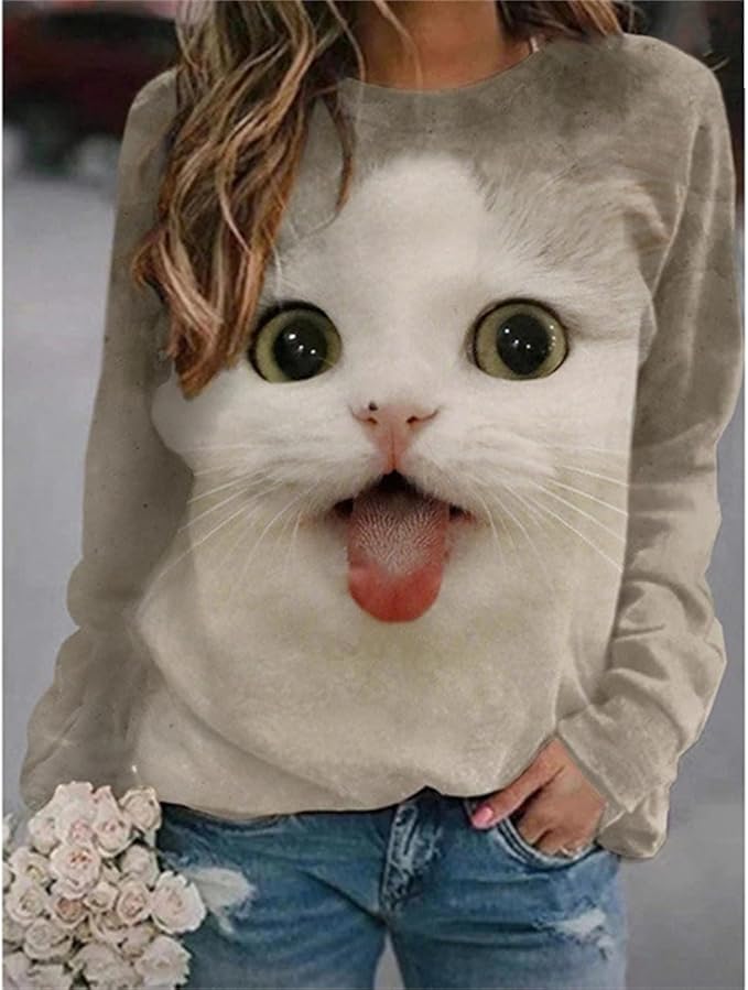 IVERIRMIN Women's 3D Cute Cat Print Sweatshirt Casual Long Sleeve Crewneck Cute Cat Pullover Loose Fit Shirts