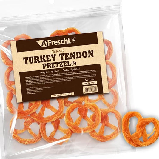 AFreschi Natural Turkey Tendon Pretzel (S) 8oz, USA-Sourced Turkey Tendon, All Natural Puppy Chew, Hypoallergenic, Rawhide Alternative, for Small Breeds