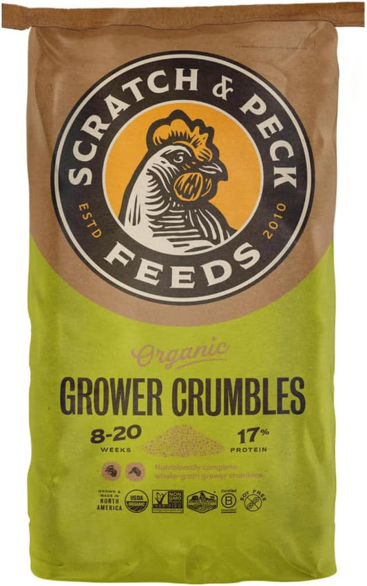 Scratch and Peck Feeds Whole Grain Grower Crumbles Chicken and Duck Feed - 25 lbs Bag - Corn-Free and Soy-Free - 17% Protein, Certified Organic and Non-GMO Project Verified Chicken Food