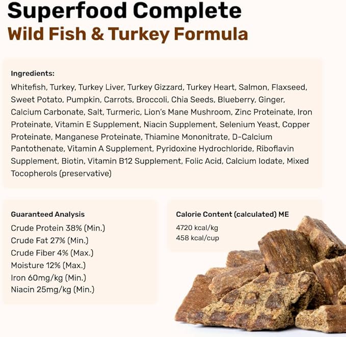 Superfood Complete, Air-Dried Adult Dog Food - High Protein, Zero Fillers, Superfood Nutrition by Katherine Heigl (64 oz., Wild Fish and Turkey Formula)