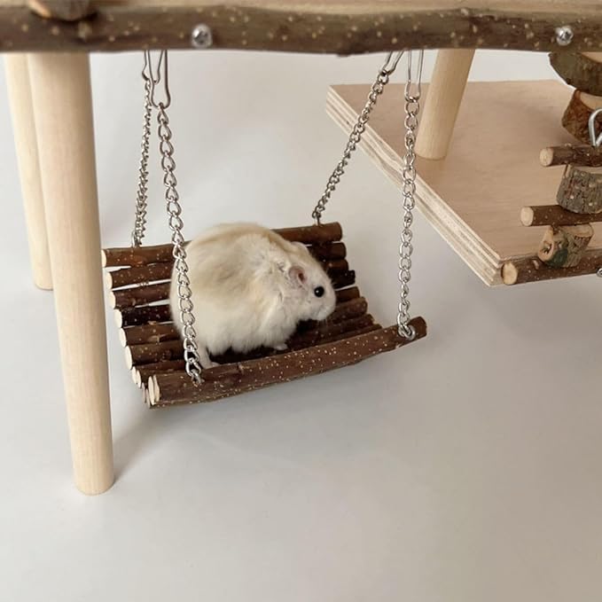 Hamster Climbing Toys DIY Natural Wooden Playing Platform with Swing Apple Wood Hamster Playground with 2 Platform, 5 Steps Ladder and 6 Steps Bridge Small Animal Chewing Toys for Gift
