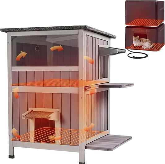 GUTINNEEN Heated Cat House, 2-Story Outdoor Cat House, Heated Cat Houses for Outside Cats with Heater and Insulated Liner