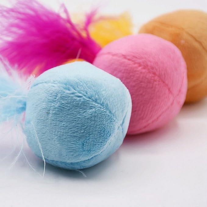 Furry Rattle Ball Cat Toy with Feather and Catnip - Interactive Pom Pom Balls for Cats, Soft and Lightweight, 2 Inch, 12 Pack.