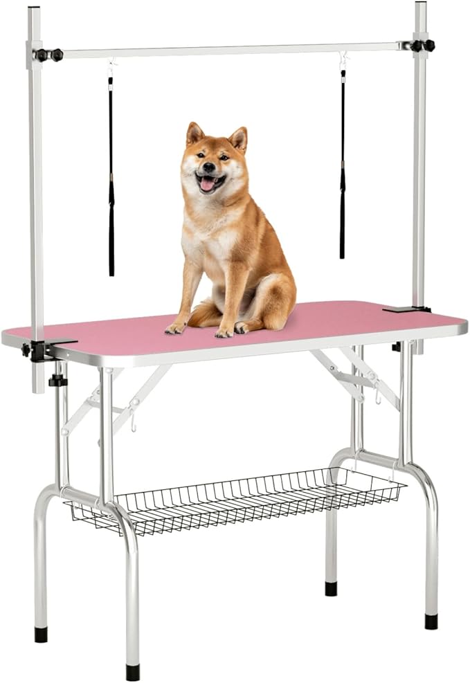 46'' Dog Grooming Table for Large Dogs, Foldable Professional Grooming Table for Dogs at Home with Double Loops/Mesh Tray/Adjustable Arm, Capacity up to 330lbs, Pink