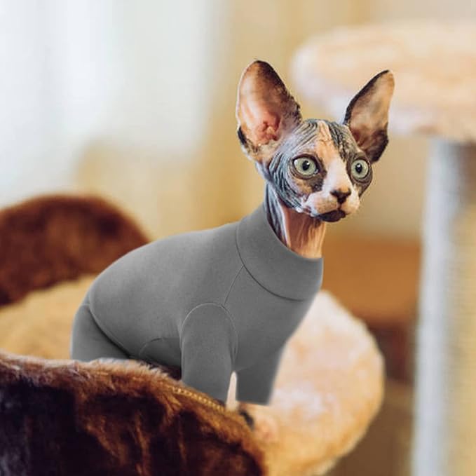 ROZKITCH Hairless Cat Clothes, Breathable Soft Cat Jumpers for Cats Only, Cat Coat with Four Legs, Warm Cat Sweater Cat T-Shirt Cat Pajamas Jumpsuit Vest Cornish Rex, Devon Rex, Peterbald Grey M