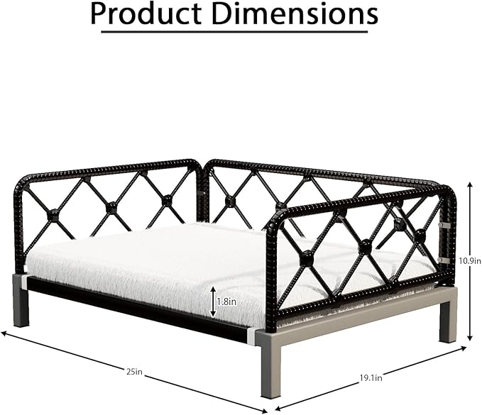 Elevated Indoor & Outdoor Dog Bed for Small Dogs, Durable Rattan Wicker Pet Sofa with Removable Washable Waterproof Cushion, Stylish Dog Couch, Black Rattan/White Mat