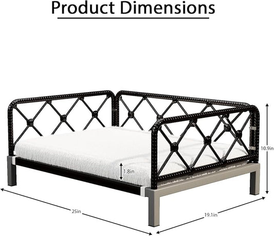 Elevated Indoor & Outdoor Dog Bed for Small Dogs, Durable Rattan Wicker Pet Sofa with Removable Washable Waterproof Cushion, Stylish Dog Couch, Black Rattan/White Mat