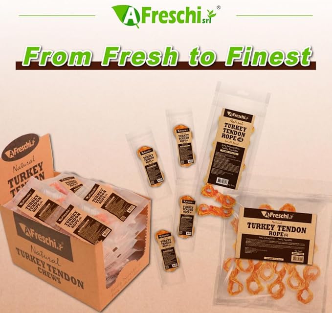AFreschi Natural Turkey Tendon Rope (S) 40 Units/Box, Dog Treats for Signature Series, All Natural Human Grade Puppy Chew, USA-Sourced Turkey Tendon, Hypoallergenic, Rawhide Alternative