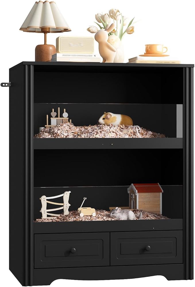Guinea Pig Cages, Small Animal Hamster Critter Nation Cage and Habitats, Small Animal Observation Box, Guinea Pig Cabinet with 2 Layers, 2 Large Drawers, Black