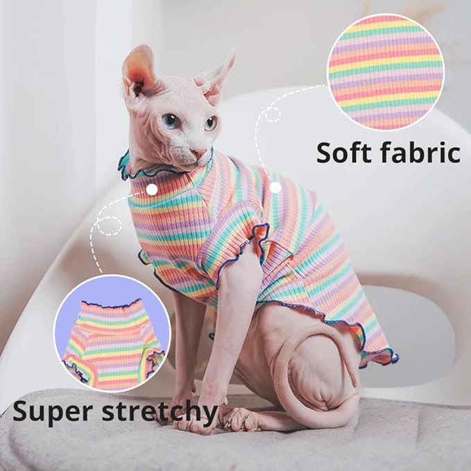 Sphynx Cat Clothes, Hairless Cat Shirt, Soft Stretchy Sweater for Cats, Breathable Cat Daily Outfit, Cat Pullover for Cornish Rex, Devon Rex (Rainbow Stripe, XL (6.5-8.5lbs))