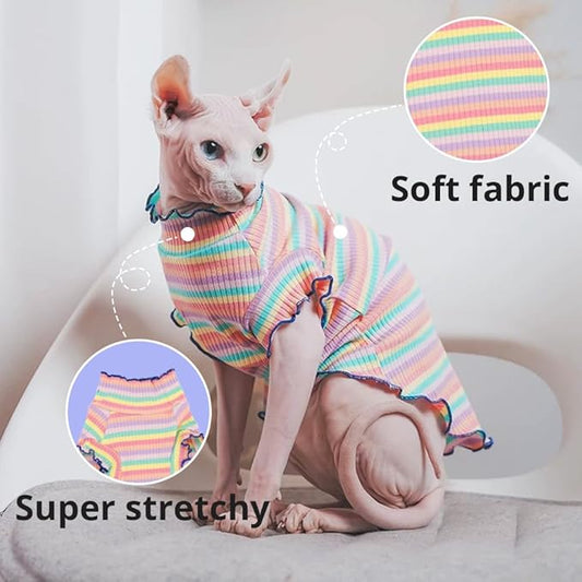Sphynx Cat Clothes, Hairless Cat Shirt, Soft Stretchy Sweater for Cats, Breathable Cat Daily Outfit, Pullover for Cornish Rex, Devon Rex (Rainbow Stripe, XXL (8.5-12lbs))