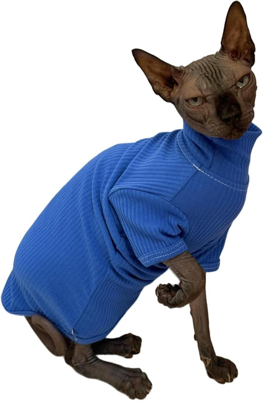 Sphynx Cats Shirt Cat Turtleneck Cotton Sweater Pullover Kitten T-Shirts with Sleeves Cat Pajamas Jumpsuit for Sphynx Cornish Rex, Devon Rex, Peterbald (Small, Deep Blue)
