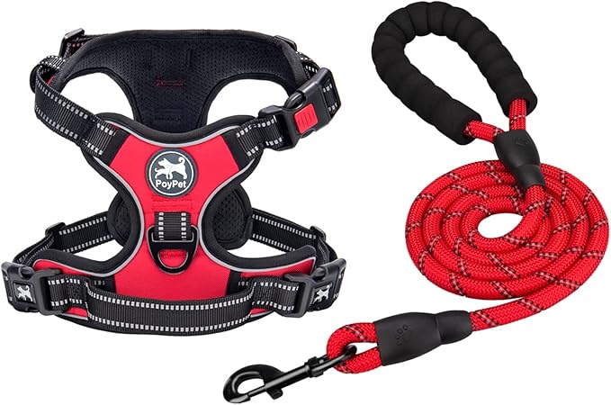 PoyPet Dog Harness and Leash Combo, Escape Proof No Pull Vest Harness, with 5 Feet Leash, Reflective Adjustable Soft Padded Pet Harness with Handle for Small to Large Dogs(Red,XL)