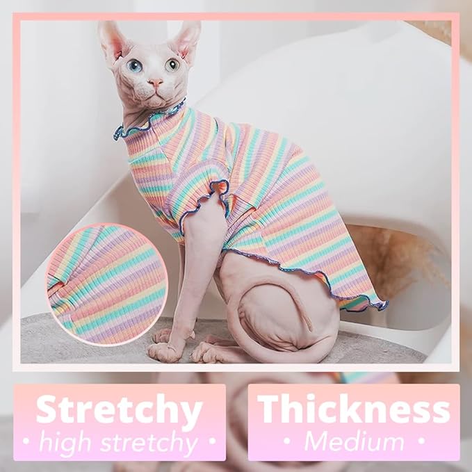 Sphynx Cat Clothes, Hairless Cat Shirt, Soft Stretchy Sweater for Cats, Breathable Cat Daily Outfit, Pullover for Cornish Rex, Devon Rex (Rainbow Stripe, XXL (8.5-12lbs))