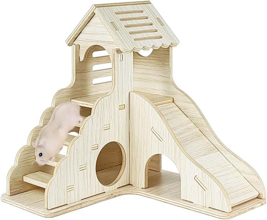 Wood Hamster Hideout House Habitat Wooden Maze Hide Hut with Climbing Ladder and Platform Cage Accessories Toys for Dwarf Gerbils Mouse Mice Rat Other Small Animals etc. (01 Right Angle House)