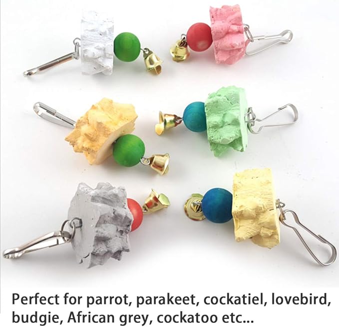 Bird Grinding Beak Calcium Stone with Bell,Rat Mineral Lava Block Trimming Teeth Chewing Toys for Chinchilla Bunny Budgie Cockatiel Parakeet Parrot 6-Pcs(Random Delivery of Color)