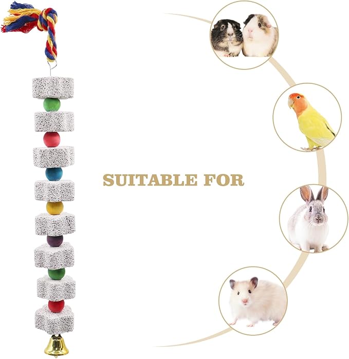 2 Pack Bird Beak Grinding Stone with Apple Scent, Large Parrot Chewing Calcium Stone Toy with Bells, Bird Cage Accessories, Suitable for Cockatiel Parakeet Parrot Budgies Rat Hamster Chinchilla Rabbit