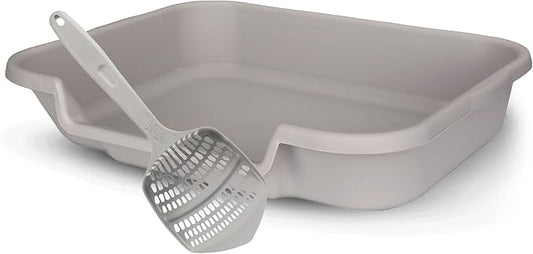 KittyGoHere Senior Cat Litter Box 1 Pack, Large Misty Gray Low Entrance Kitty Litter Box, Sized for Cats Comfort, Perfect for Senior and Arthritic Cats, Made in USA – Includes Long-Handle Jumbo Scoop