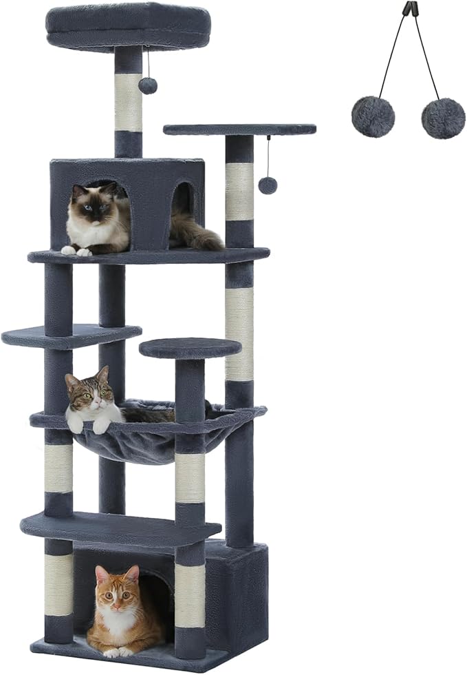 64.5-inch Tall Cat Tree for Indoor Cats, Plush Multi-Level Cat Tower with 7 Scratching Posts, 2 Top Perches, 2 Cozy Condos, Large Metal Frame Hammock & Pompoms, Sturdy Cat Playhouse, Dark Grey