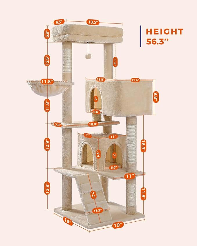 Cat Tree for Large Cats with Super Large Top Perch,56.2" Multi-Level Tower for Indoor Cats with Hammock and Sleeping Bag, Cat Shelves with Scratching Posts and 2 Condos Houses, Beige