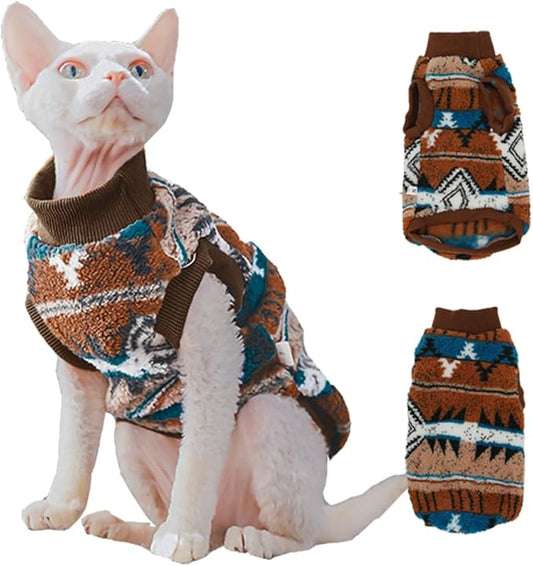 Sphynx Cat Clothes,Boho Style Cat Clothes for Fall Winter, 2-Legged Fleece Lined Warm Shirt, Soft Plush Sweater for Hairless Cats Devon Rex (Brown, XX-Large (8.5-12 lbs))