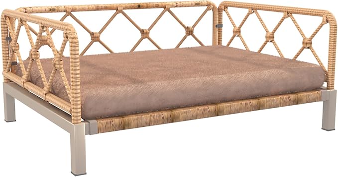 Wicker Dog Bed with 2" Cushion,Rattan Dog Sofa Bed for Small Medium Dogs– Indoor/Outdoor Metal Frame Pet Bed up 66lbs (Brown Rattan Brown Cushion)