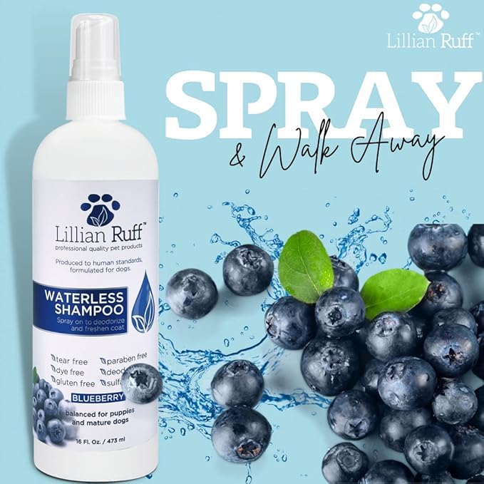 Lillian Ruff PRO Formula Blueberry Waterless Dog Shampoo & Berry Blue Brightening Conditioner - No-Rinse Odor Eliminator & Hydrating Whitening Conditioner Detangles, Restores Skin, Softness & Shine