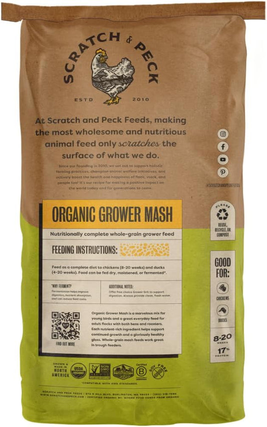 Scratch and Peck Feeds Whole Grain Grower Mash Chicken and Duck Feed - 25 lbs Bag - Corn-Free and Soy-Free - 17% Protein, Certified Organic and Non-GMO Project Verified Chicken Food