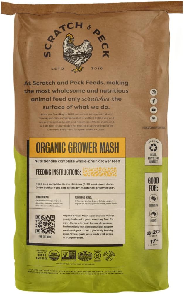 Scratch and Peck Feeds Whole Grain Grower Mash Chicken and Duck Feed - 40 lbs Bag - Corn-Free and Soy-Free - 17% Protein, Certified Organic and Non-GMO Project Verified Chicken Food