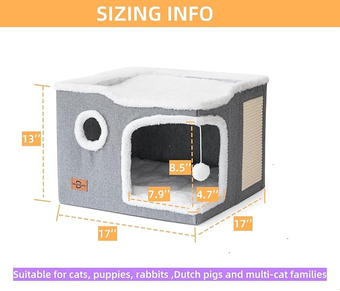 Cat Bed for Indoor Cats,Covered Cat Cave House & Furniture with Scratch Pad,Foldable Cat Hideaway Hut Cute Cat Condo with Soft Washable Mat for Multi Small Pet Under 30 lbs,Khaki