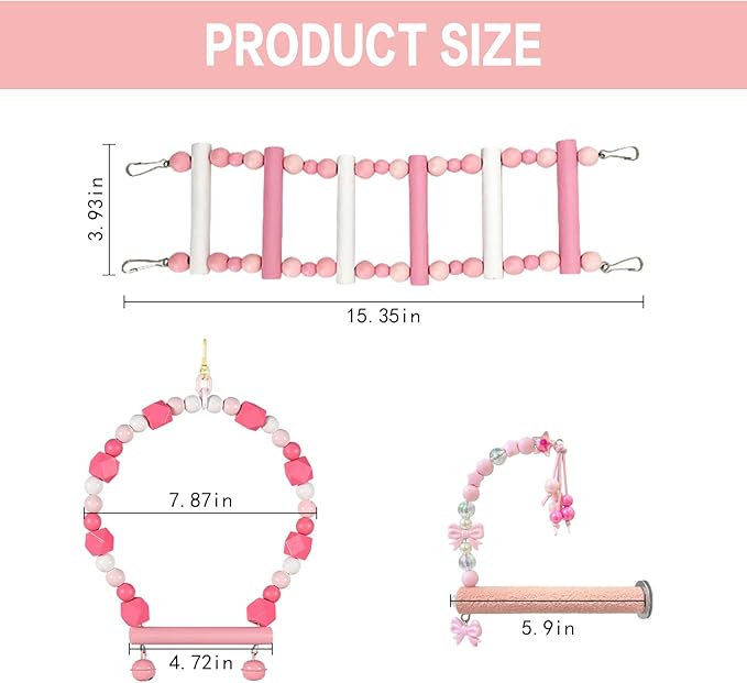 3-Piece Pink Bird Toys Set – Parrot Perch, Swing & Ladder Interactive Cage Accessories for Parakeets, Cockatiels, Conures, Budgies – Ideal for Small to Medium Birds