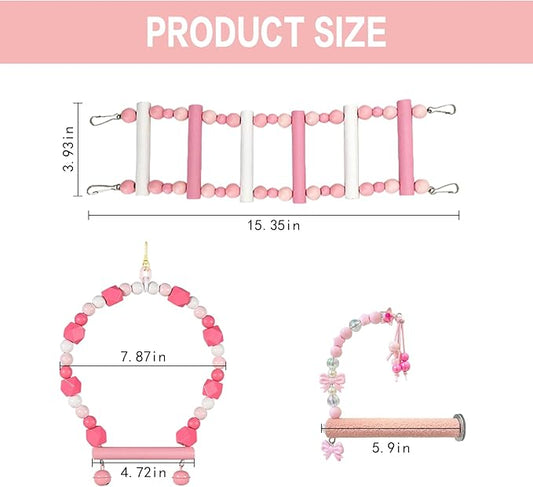 3-Piece Pink Bird Toys Set – Parrot Perch, Swing & Ladder Interactive Cage Accessories for Parakeets, Cockatiels, Conures, Budgies – Ideal for Small to Medium Birds