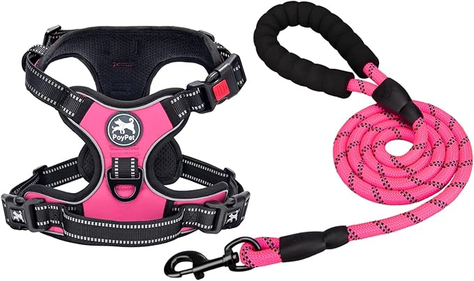 PoyPet Dog Harness and Leash Combo, Escape Proof No Pull Vest Harness, with 5 Feet Leash, Reflective Adjustable Soft Padded Pet Harness with Handle for Small to Large Dogs(Pink,M)