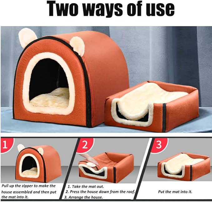 Dog Bed or Cat Bed,2 Ways to Use,Indoor Pet House with Fluffy Mat,Removable and Washable Cover,Splash-Proof House and Non-Slip Bottom,for Medium Dogs and Cats(L Grey Faux Leather)