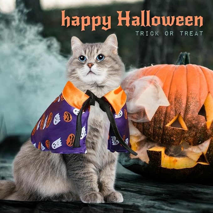 Cats Halloween Pumpkin Cloak Puppy Funny Cosplay Cape Pet Halloween Costume Witch with Rope Pet Party Dress Up Accessories for Cat Puppy