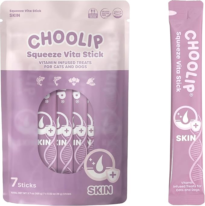 Squeeze Vita Stick Lickable Cat and Dog Treats – 7-Count Skin and Coat Support Sticks with Multivitamins, Soft Squeezable Paste for All Life Stages, Supporting Skin and Coat Health