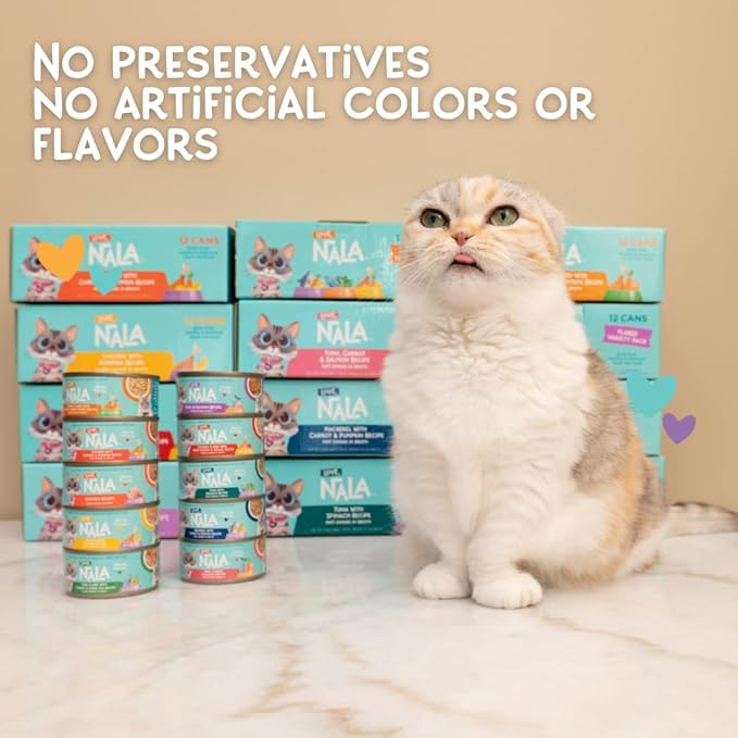 LOVE, NALA - Natural Adult Cat Wet Food - FLAKED Tuna and Salmon in Broth- Grain Free, Non-GMO, Lean Protein, Omega 3, Added Minerals & Vitamins - 12 Pack 2.4 lbs.