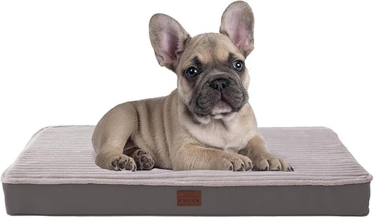Orthopedic Dog Bed for Small Dogs - Soft Plush Washable with Egg Crate Foam, Waterproof & Removable Cover, Anti-Slip Bottom, Comfy Striped Crate Bed, 30x20 Inch, Gray