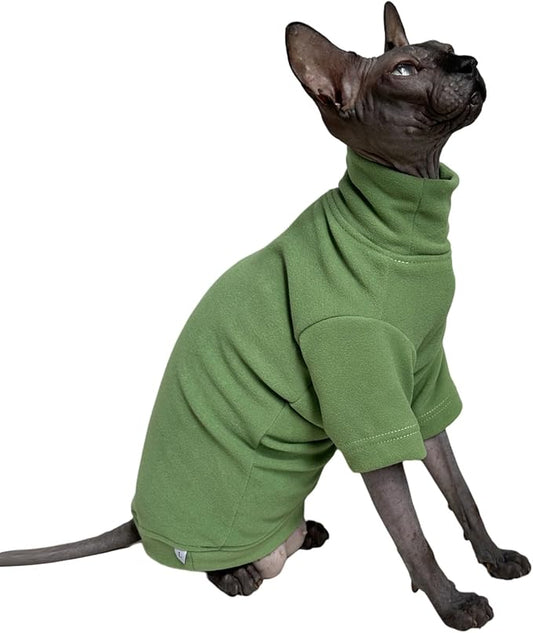 Sphynx Cats Solid Warm Fleece Shirt Cat Turtleneck Undershirt Thermal Hairless Cat Clothes for Sphynx, Devon, Cornish Cat Clothes and Small Kitten and Dogs (Green, Large)
