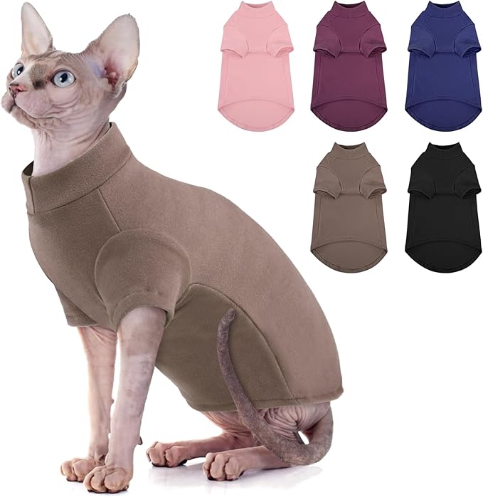 SUNFURA Turtleneck Sweater for Cat, Sphynx Cats Shirt Hairless Cat Sweaters with Sleeves, Warm and Soft Kitten Pullover Fleece Winter Pajamas Jumpsuit for Puppy Cats, Coffee XL