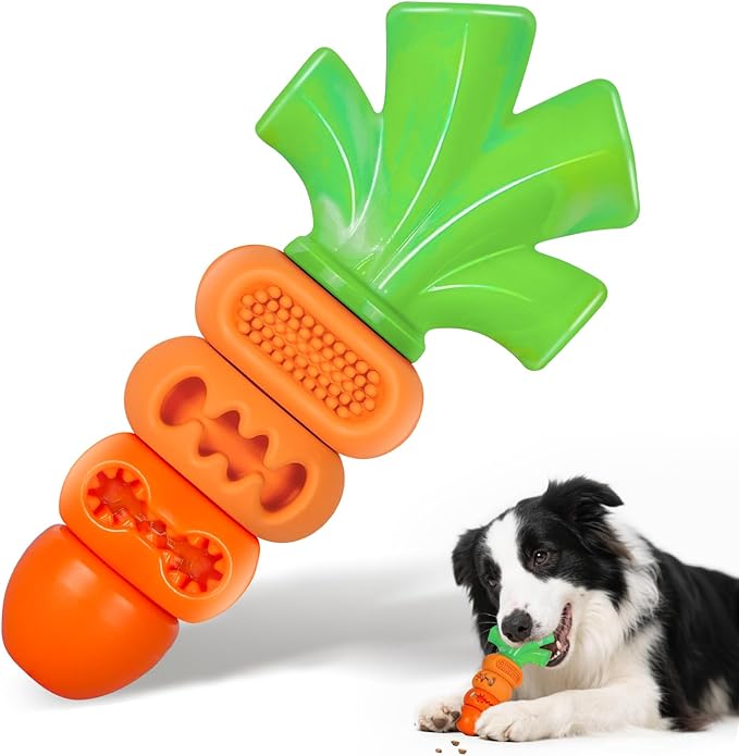 Dog Toys for Aggressive Chewers Bacon Flavored: 7" Tough Dog Chew Bone, Hard Nylon & Rubber Teeth Cleaning Toy, Carrot-Shaped Dog Chew Toy for Large Medium Breed 20-70lbs