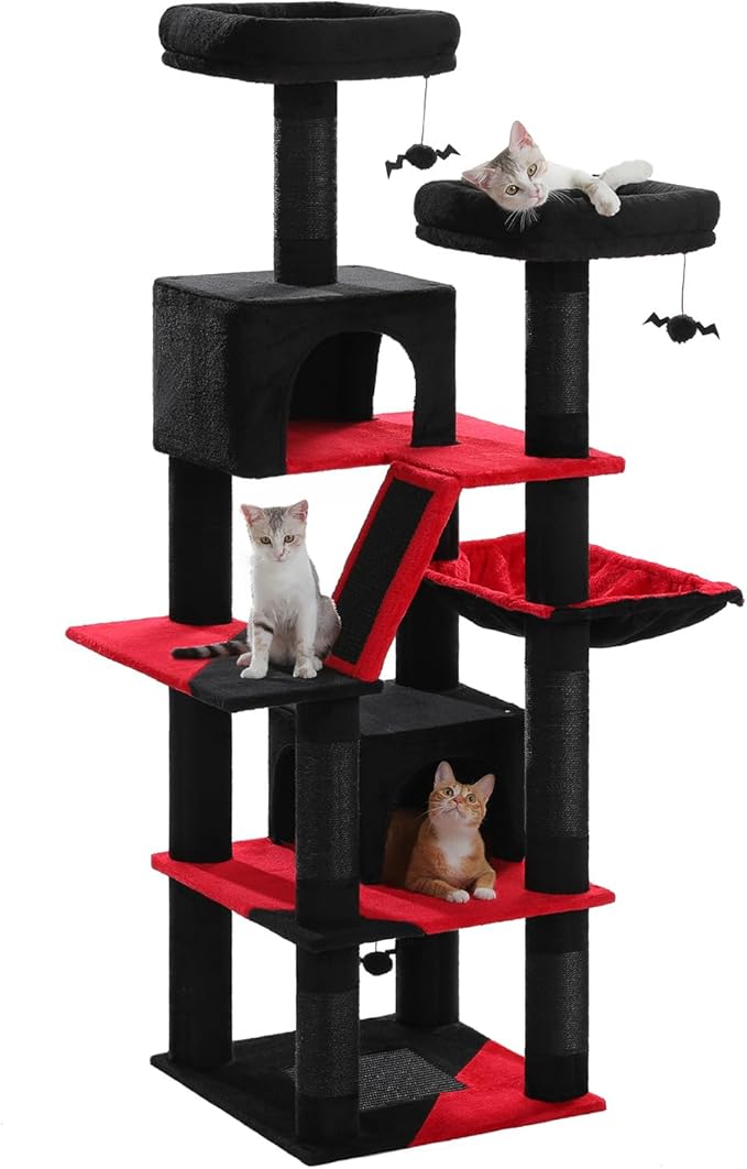 Gothic Cat Tree for Large Cats, 70.9" Tall Black Cat Tower with Coffin Bed, Cat Condo, Sisal Scratching Posts & Top Perch, Spider Hanging Ball, Multi-Level Spooky Cat Tree, Halloween, Black