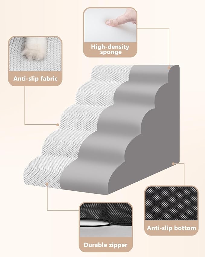 Dog Stairs for High Bed,5 Step Dog Ramp for Small and Medium Dogs,Pet Stairs with Non-Slip Bottom for Puppy, Older Cat,Indoor Pet Steps,Comfort,Durable,22.4" H,Light Grey