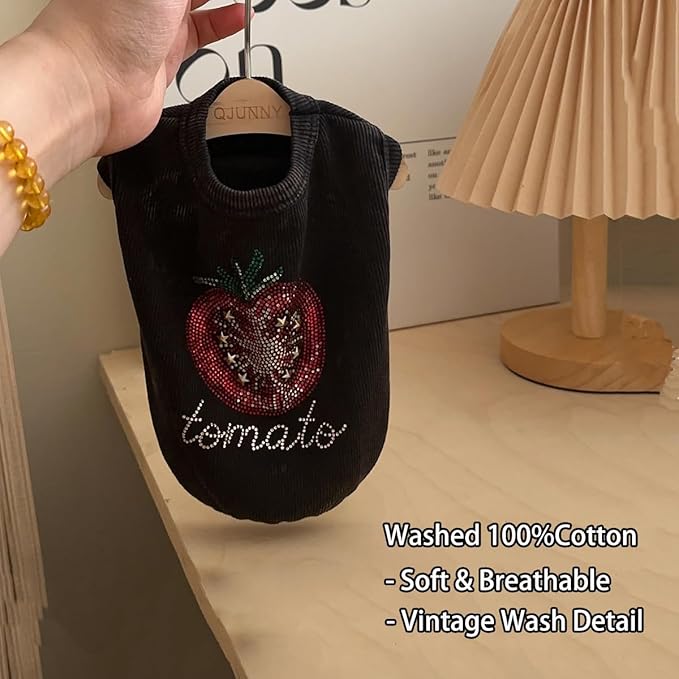 Washed Cotton Pet Vest with Rhinestone Fruit Designs, Soft & Stylish Small Dog Cat Vest for Spring Summer, Breathable & Shiny (Black-Tomato, Large)