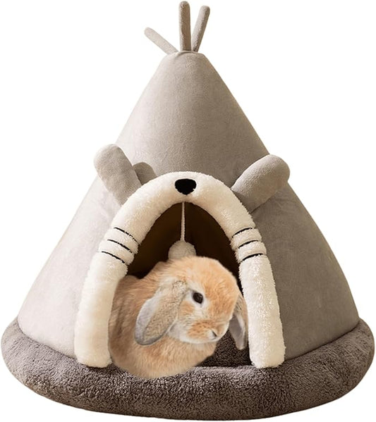 Rabbit Cave Bed, Comfortable Triangle Pet Teepee, Holiday Bunny Cave House and Bed, Extremely Cozy and Warm Tent for Cat Rabbit and Small Dog (Grey A,Small)