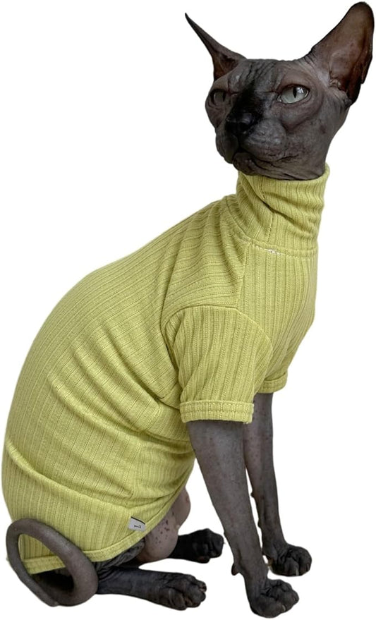 Sphynx Cats Shirt Cat Turtleneck Cotton Sweater Pullover Kitten T-Shirts with Sleeves Cat Pajamas Jumpsuit for Sphynx Cornish Rex, Devon Rex, Peterbald (Small, Green Yellow)