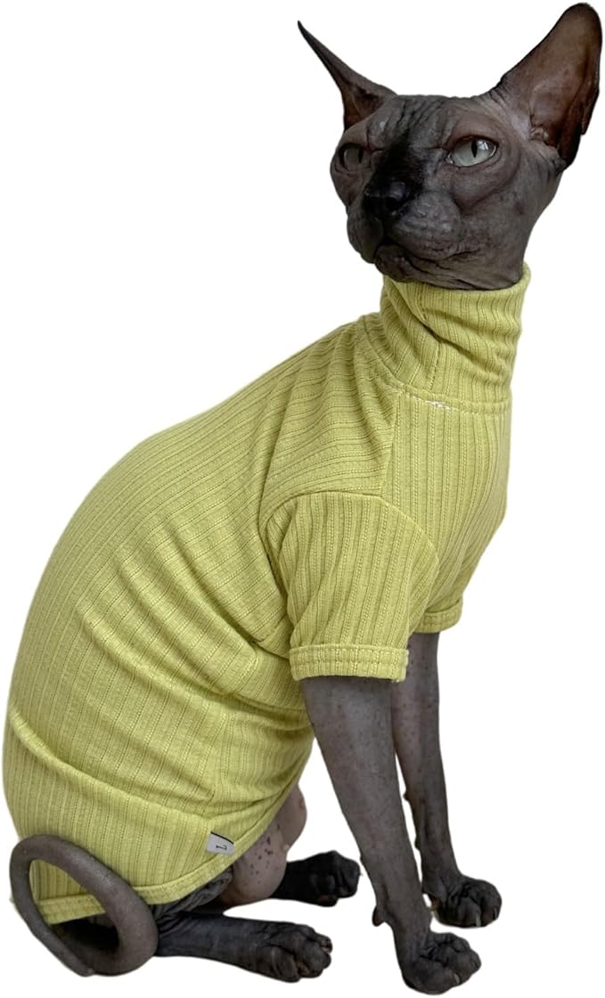 Sphynx Cats Shirt Cat Turtleneck Cotton Sweater Pullover Kitten T-Shirts with Sleeves Cat Pajamas Jumpsuit for Sphynx Cornish Rex, Devon Rex, Peterbald (Medium (Pack of 1), Green Yellow)