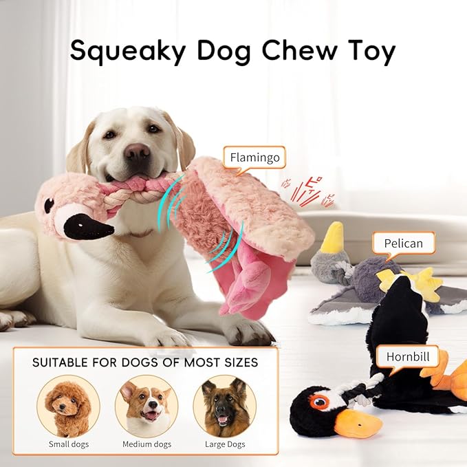 Cute Animal Squeaky Dog Toys for Large and Medium Breeds and Pupplies, Stuffed Chew Toys with Crinkle Paper and Durable Ropes, Soft Tug Plush Dog Toys for Teething (Black Bird)