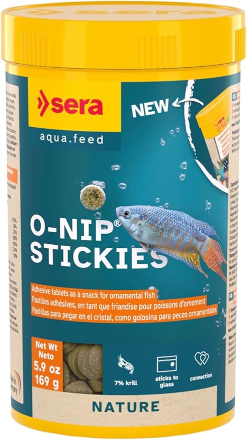 Sera O-Nip Stickies 265 Tabs 8.45 oz | Complete Feed for All Ornamental Fish | Adhesive Tablets Stick to The Aquarium Glass | High Protein | No Dyes & Preservatives | with Bloodworms, Krill & Tubifex