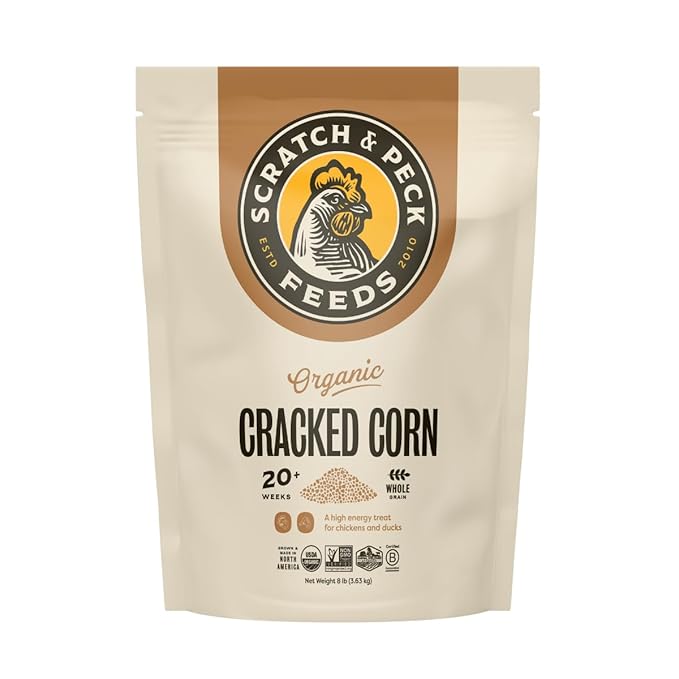 Scratch and Peck Cracked Corn Chicken, Duck and Livestock Supplemental Grain - 8 lbs Bag - 7.5% Protein, Certified Organic and Non-GMO Project Verified Chicken Food